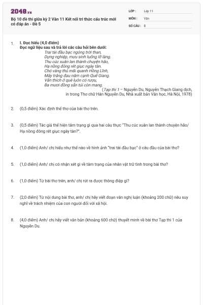 Bộ 10 đề thi giữa kỳ 2 Văn 11 Kết nối tri thức cấu trúc mới có đáp án - Đề 5