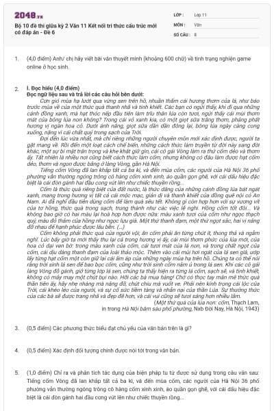Bộ 10 đề thi giữa kỳ 2 Văn 11 Kết nối tri thức cấu trúc mới có đáp án - Đề 6