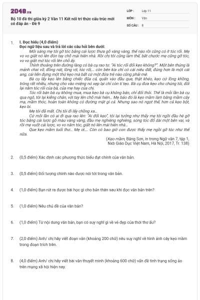 Bộ 10 đề thi giữa kỳ 2 Văn 11 Kết nối tri thức cấu trúc mới có đáp án - Đề 9