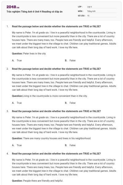 Trắc nghiệm Tiếng Anh 6 Unit 4 Reading có đáp án