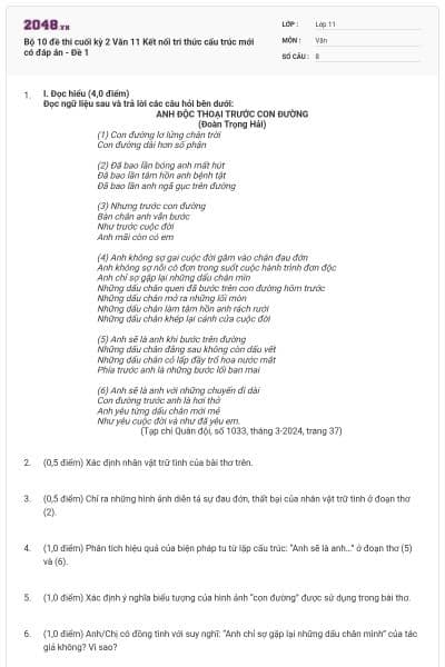 Bộ 10 đề thi cuối kỳ 2 Văn 11 Kết nối tri thức cấu trúc mới có đáp án - Đề 1