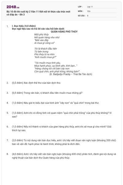 Bộ 10 đề thi cuối kỳ 2 Văn 11 Kết nối tri thức cấu trúc mới có đáp án - Đề 3