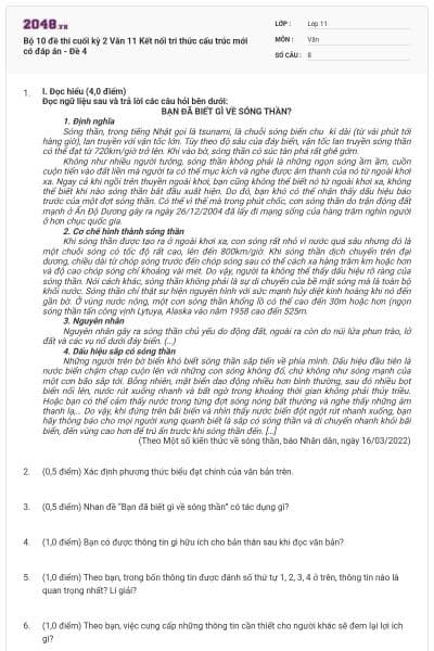 Bộ 10 đề thi cuối kỳ 2 Văn 11 Kết nối tri thức cấu trúc mới có đáp án - Đề 4