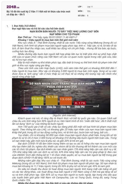 Bộ 10 đề thi cuối kỳ 2 Văn 11 Kết nối tri thức cấu trúc mới có đáp án - Đề 5