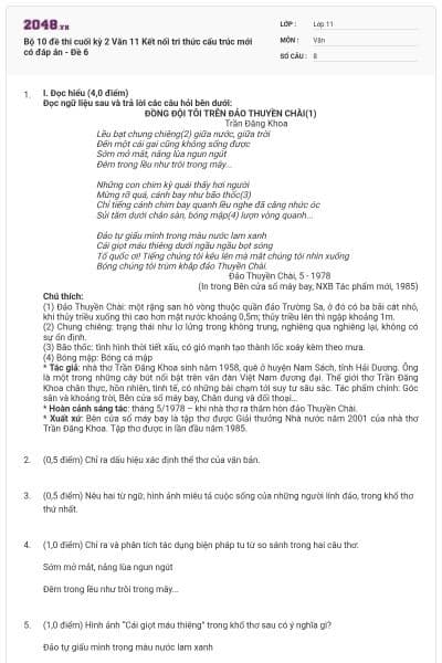 Bộ 10 đề thi cuối kỳ 2 Văn 11 Kết nối tri thức cấu trúc mới có đáp án - Đề 6