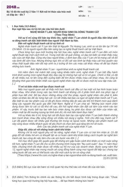 Bộ 10 đề thi cuối kỳ 2 Văn 11 Kết nối tri thức cấu trúc mới có đáp án - Đề 7