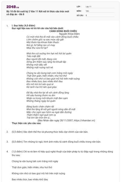Bộ 10 đề thi cuối kỳ 2 Văn 11 Kết nối tri thức cấu trúc mới có đáp án - Đề 8