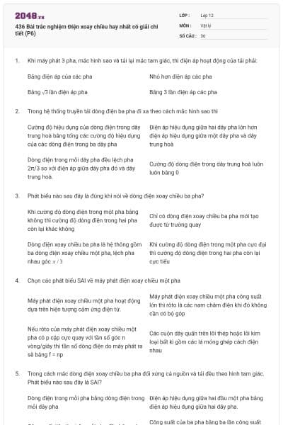 436 Bài trắc nghiệm Điện xoay chiều hay nhất có giải chi tiết (P6)