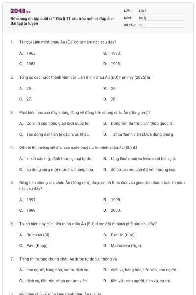 Đề cương ôn tập cuối kì 1 Địa lí 11 cấu trúc mới có đáp án - Bài tập tự luyện