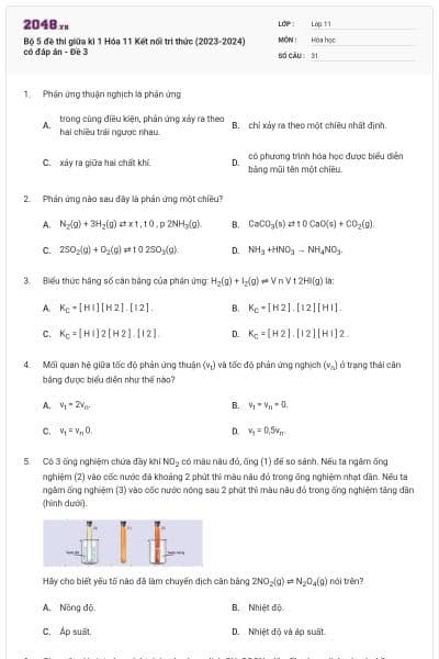 Bộ 5 đề thi giữa kì 1 Hóa 11 Kết nối tri thức (2023-2024) có đáp án - Đề 3