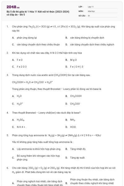 Bộ 5 đề thi giữa kì 1 Hóa 11 Kết nối tri thức (2023-2024) có đáp án - Đề 5