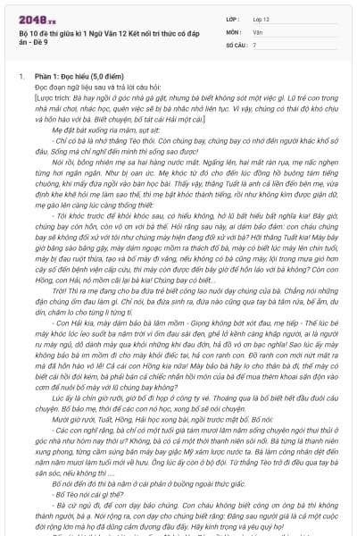 Bộ 10 đề thi giữa kì 1 Ngữ Văn 12 Kết nối tri thức có đáp án - Đề 9