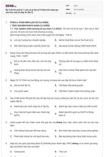 Bộ 2 đề thi cuối kì 1 Lịch sử & Địa lý 9 Chân trời sáng tạo cấu trúc mới có đáp án (Đề 2)