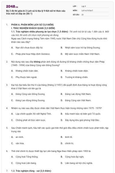 Bộ 2 đề thi giữa kì 2 Lịch sử & Địa lý 9 Kết nối tri thức cấu trúc mới có đáp án (Đề 1)