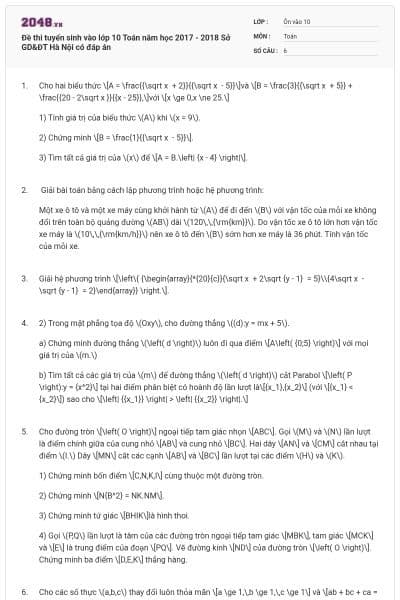 Đề thi tuyển sinh vào lớp 10 Toán năm học 2017 - 2018 Sở GD&ĐT Hà Nội có đáp án