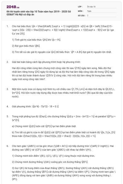 Đề thi tuyển sinh vào lớp 10 Toán năm học 2019 - 2020 Sở GD&ĐT Hà Nội có đáp án