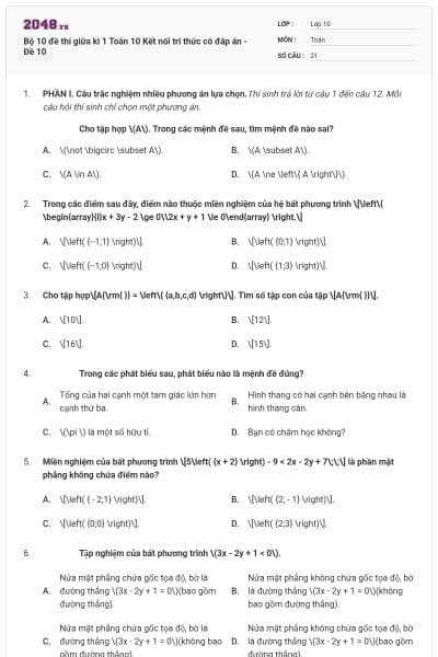 Bộ 10 đề thi giữa kì 1 Toán 10 Kết nối tri thức có đáp án - Đề 10