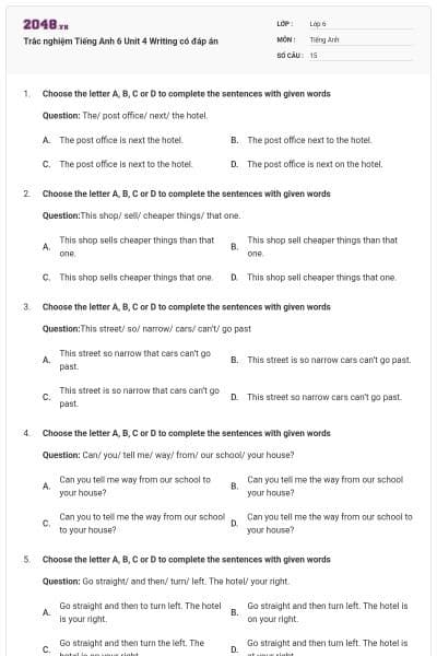 Trắc nghiệm Tiếng Anh 6 Unit 4 Writing có đáp án