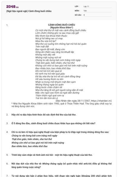 (Ngữ liệu ngoài sgk) Cánh đồng buổi chiều