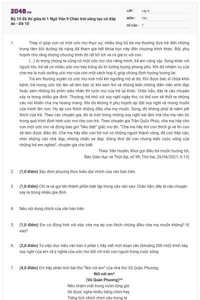 Bộ 10 đề thi giữa kì 1 Ngữ Văn 9 Chân trời sáng tạo có đáp án - Đề 10