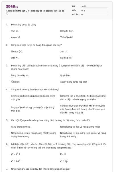 13 Đề kiểm tra Vật Lí 11 cực hay có lời giải chi tiết (Đề số 7)