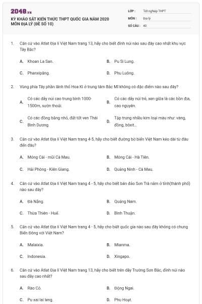 KỲ KHẢO SÁT KIẾN THỨC THPT QUỐC GIA NĂM 2020 MÔN ĐỊA LÝ (ĐỀ SỐ 10)