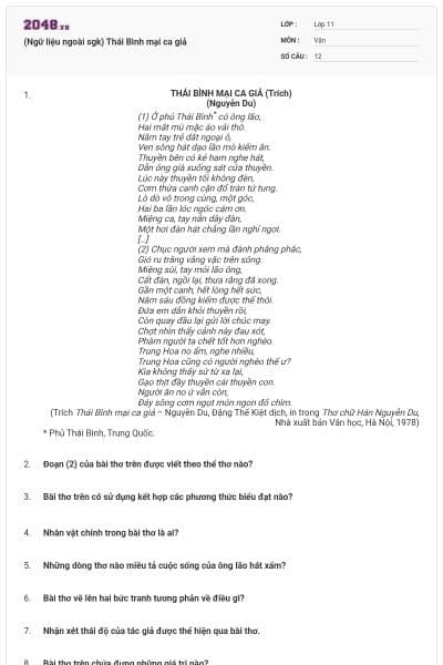 (Ngữ liệu ngoài sgk) Thái Bình mại ca giả