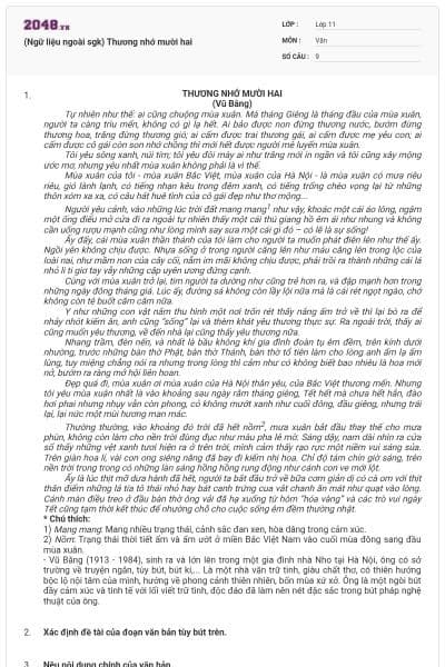 (Ngữ liệu ngoài sgk) Thương nhớ mười hai