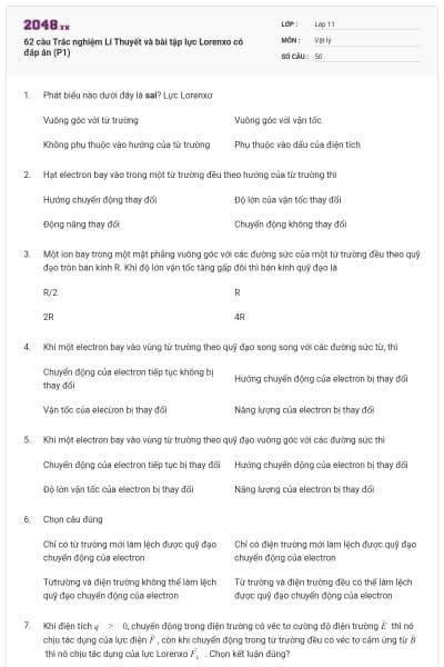 62 câu Trắc nghiệm Lí Thuyết và bài tập lực Lorenxo có đáp án (P1)