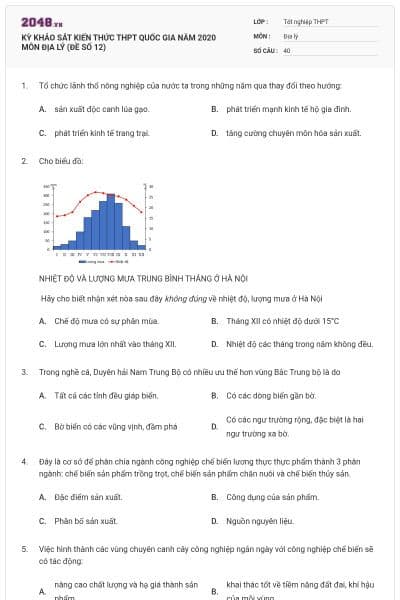 KỲ KHẢO SÁT KIẾN THỨC THPT QUỐC GIA NĂM 2020 MÔN ĐỊA LÝ (ĐỀ SỐ 12)