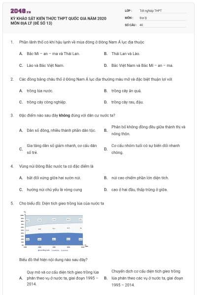 KỲ KHẢO SÁT KIẾN THỨC THPT QUỐC GIA NĂM 2020 MÔN ĐỊA LÝ (ĐỀ SỐ 13)