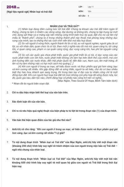 (Ngữ liệu ngoài sgk) Nhân loại và trái đất