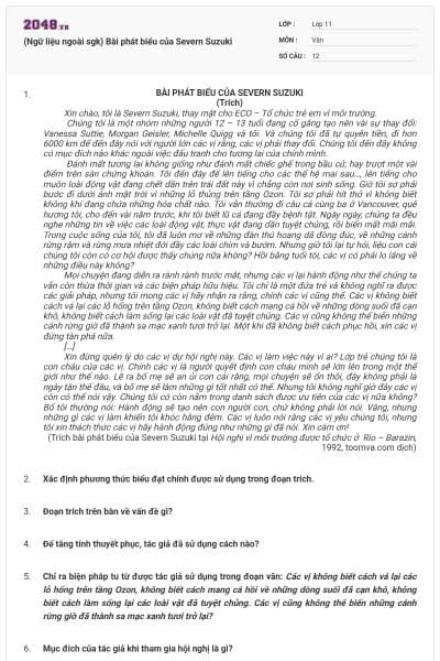 (Ngữ liệu ngoài sgk) Bài phát biểu của Severn Suzuki
