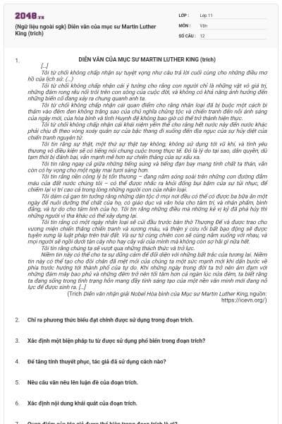 (Ngữ liệu ngoài sgk) Diễn văn của mục sư Martin Luther King (trích)