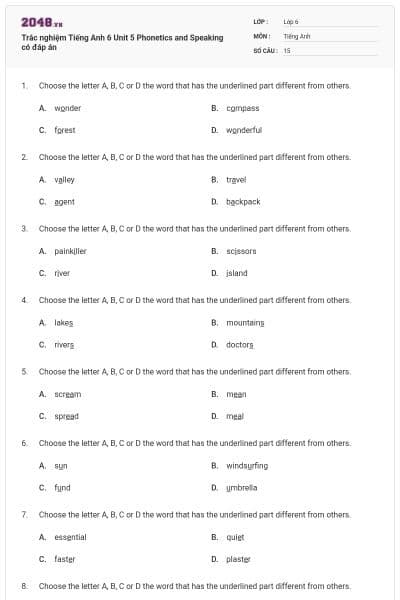 Trắc nghiệm Tiếng Anh 6 Unit 5 Phonetics and Speaking có đáp án
