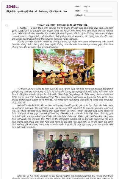 (Ngữ liệu ngoài sgk) Nhận và cho trong hội nhập văn hóa