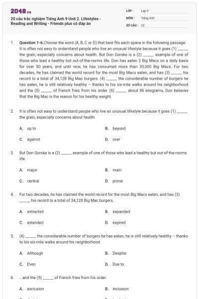 20 câu trắc nghiệm Tiếng Anh 9 Unit 2. Lifestyles - Reading and Writing - Friends plus có đáp án