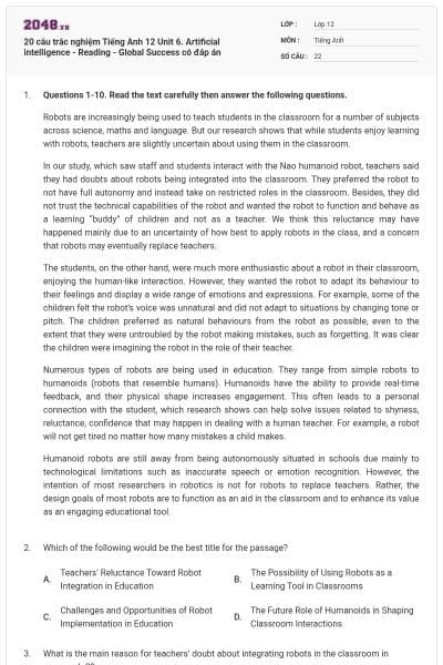 20 câu trắc nghiệm Tiếng Anh 12 Unit 6. Artificial intelligence - Reading - Global Success có đáp án