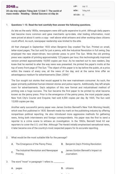 20 câu trắc nghiệm Tiếng Anh 12 Unit 7. The world of mass media - Reading - Global Success có đáp án