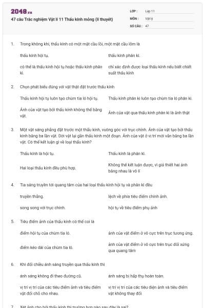 47 câu Trắc nghiệm Vật lí 11 Thấu kính mỏng (lí thuyết)