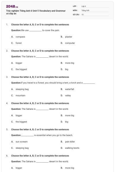 Trắc nghiệm Tiếng Anh 6 Unit 5 Vocabulary and Grammar có đáp án