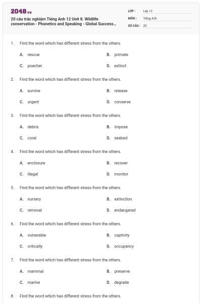 20 câu trắc nghiệm Tiếng Anh 12 Unit 8. Wildlife conservation - Phonetics and Speaking - Global Success có đáp án