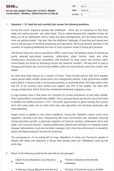 20 câu trắc nghiệm Tiếng Anh 12 Unit 8. Wildlife conservation - Reading - Global Success có đáp án