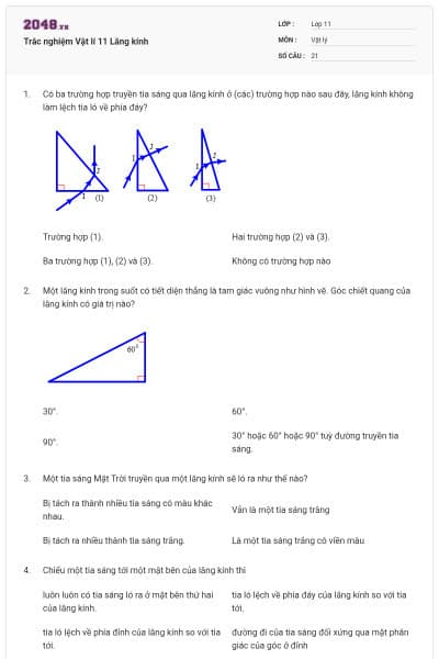 Trắc nghiệm Vật lí 11 Lăng kính