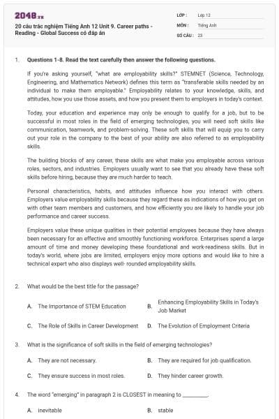 20 câu trắc nghiệm Tiếng Anh 12 Unit 9. Career paths - Reading - Global Success có đáp án