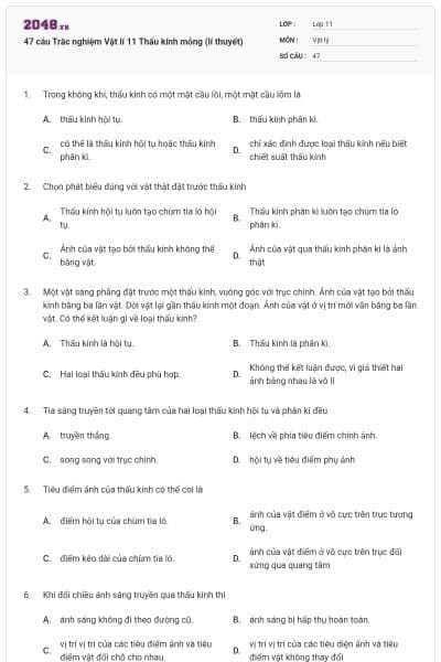 47 câu Trắc nghiệm Vật lí 11 Thấu kính mỏng (lí thuyết)