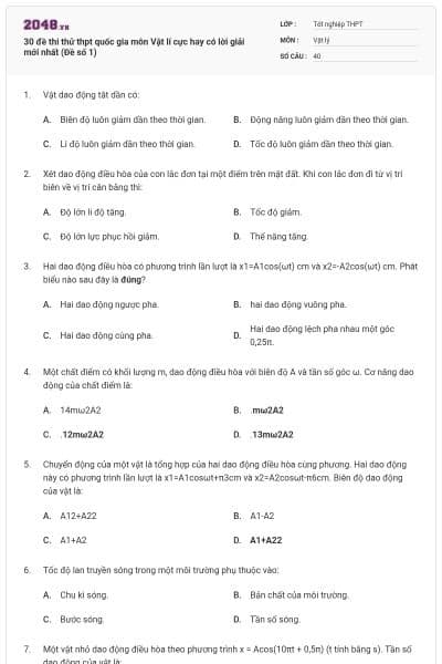 30 đề thi thử thpt quốc gia môn Vật lí cực hay có lời giải mới nhất (Đề số 1)