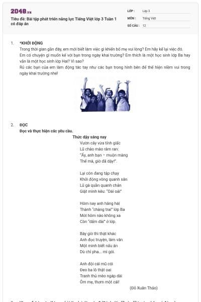 Tiêu đề: Bài tập phát triển năng lực Tiếng Việt lớp 3 Tuần 1 có đáp án