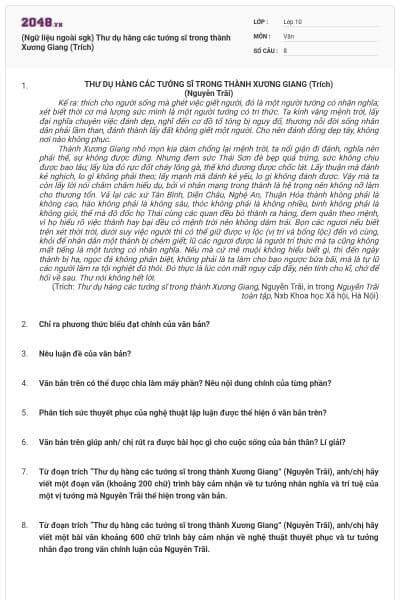 (Ngữ liệu ngoài sgk) Thư dụ hàng các tướng sĩ trong thành Xương Giang (Trích)