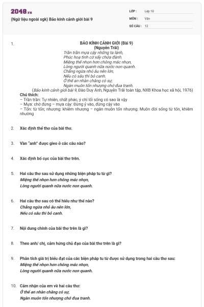 (Ngữ liệu ngoài sgk) Bảo kính cảnh giới bài 9